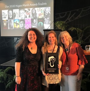 Ngaio Marsh Awards judge and event MC Vanda Symon (left) with 2020 Best Novel winner Becky Manawatu (centre) and MÄkaro Press publisher Mary McCallum at WORD Christchurch. 